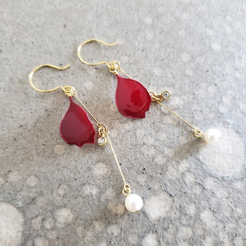 wine red petal and freshwater pearl pierced or clip-on earrings - Earrings & Clip-ons - Resin Red