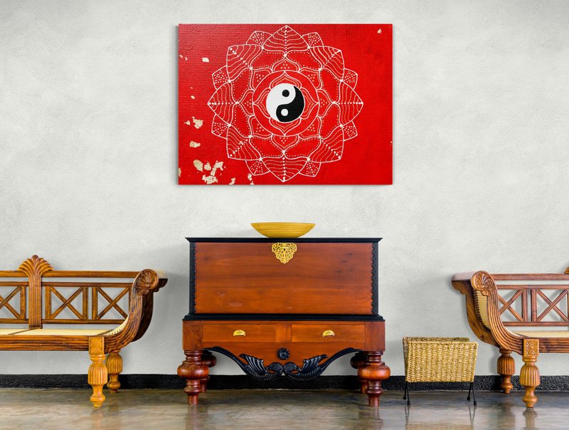 Yin Yang symbol red mandala Feng shui home decor Chineese style painting - 壁貼/牆壁裝飾 - 壓克力 紅色