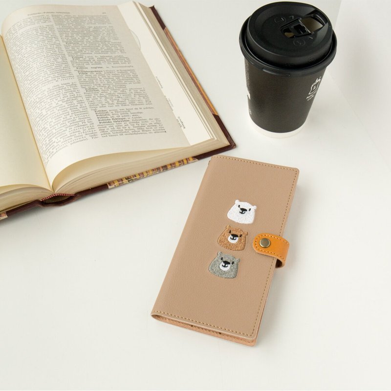 スマホケース 全機種対応 手帳 【 刺繍 3匹のクマ 】 本革 レザー グレー ベージュ アイボリー 熊 A098I - 手機殼/手機套 - 真皮 咖啡色