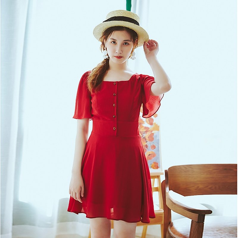[full court specials] Anne Chen 2018 summer new solid color U-neck dress dress YTX8668 - One Piece Dresses - Other Materials Red