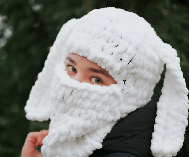 Hand knitted warm hat Rabbit balaclava with ears Bunny ski mask