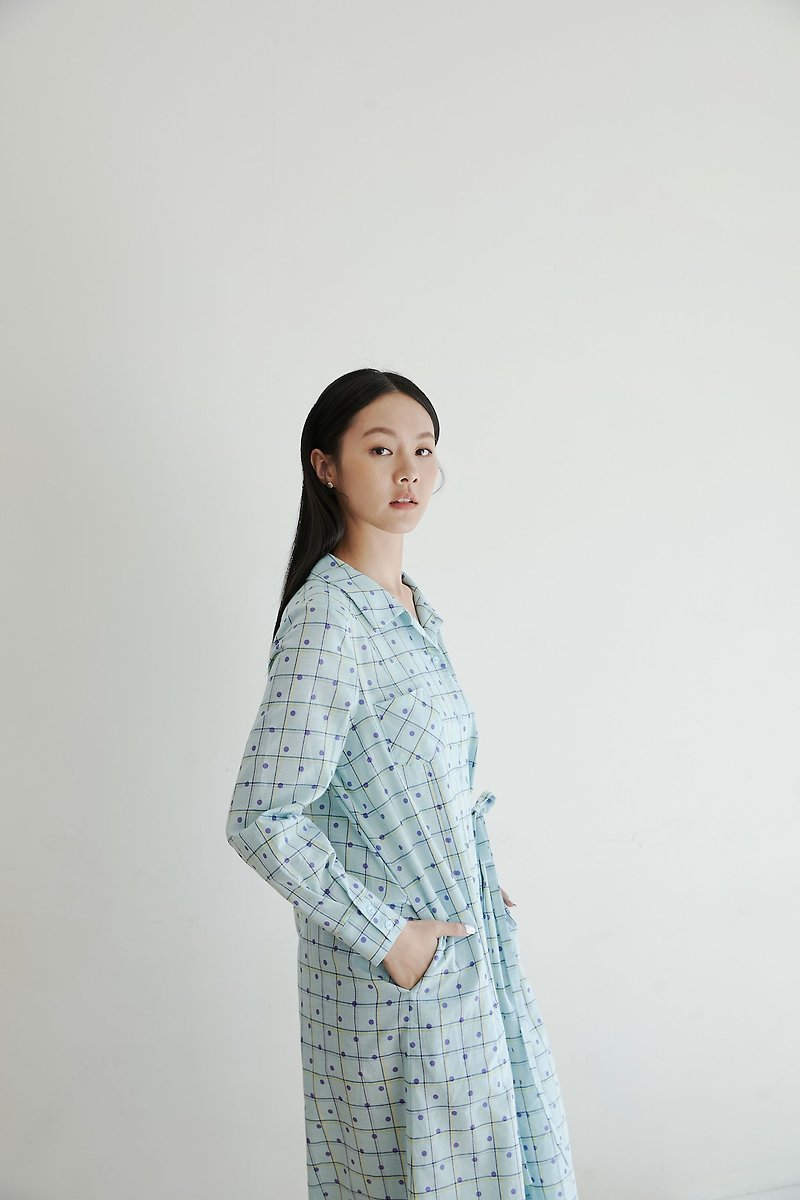 Xiaoyu plaid long-sleeved plaid dress-Qianhai/printed dress/strap dress - One Piece Dresses - Cotton & Hemp Blue