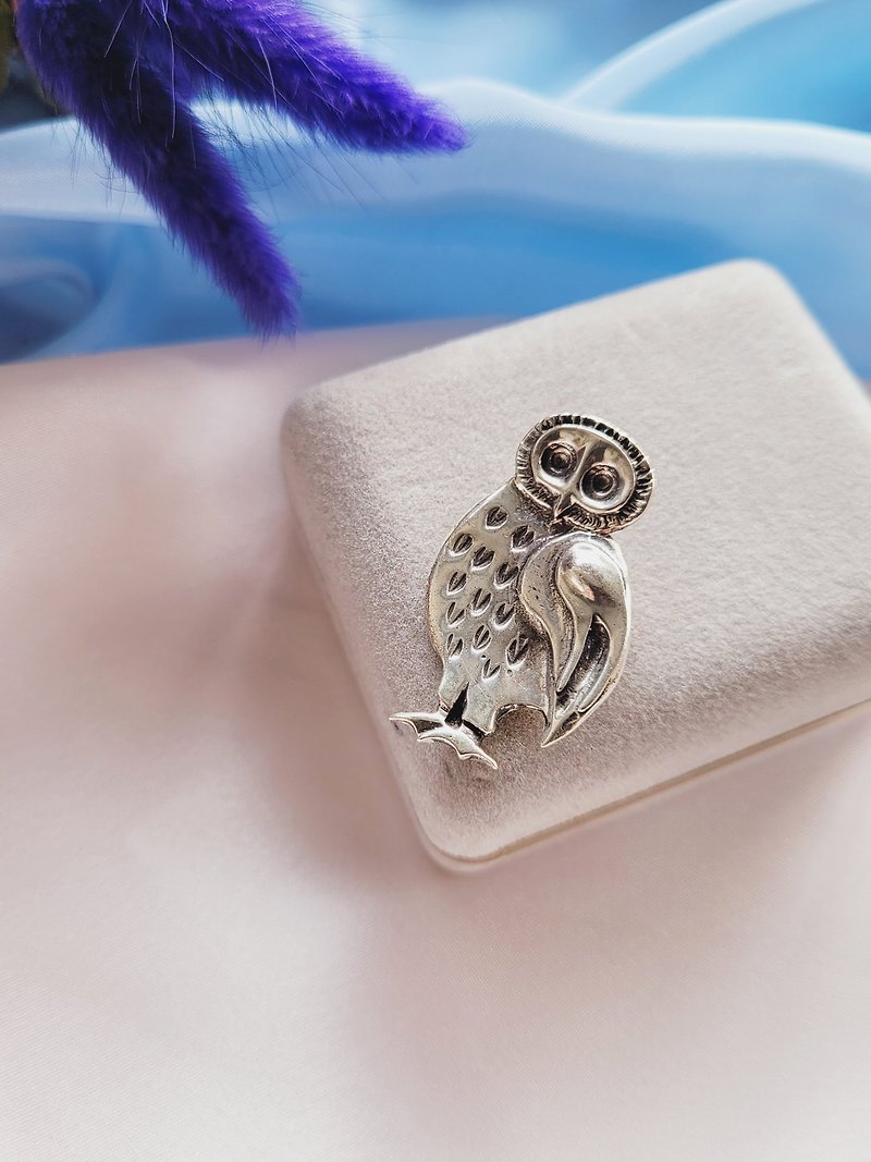 American Western antique jewelry / STERLING big-eyed owl sterling silver brooch - เข็มกลัด - เงินแท้ 
