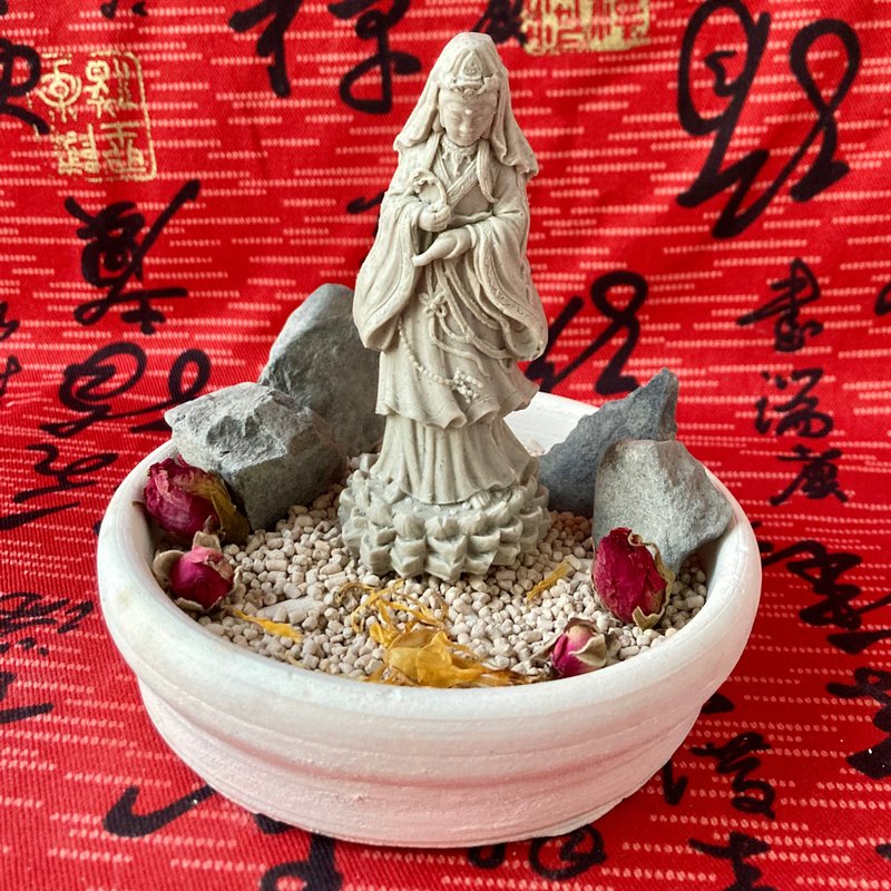 Jing Nian Auspicious Little Buddha's Soft セメント Standing Guanyin-Diffuse 石 11cm Plate Japanese Diffuse Grain and Flower and 石 - アロマ・線香 - その他の素材 ホワイト