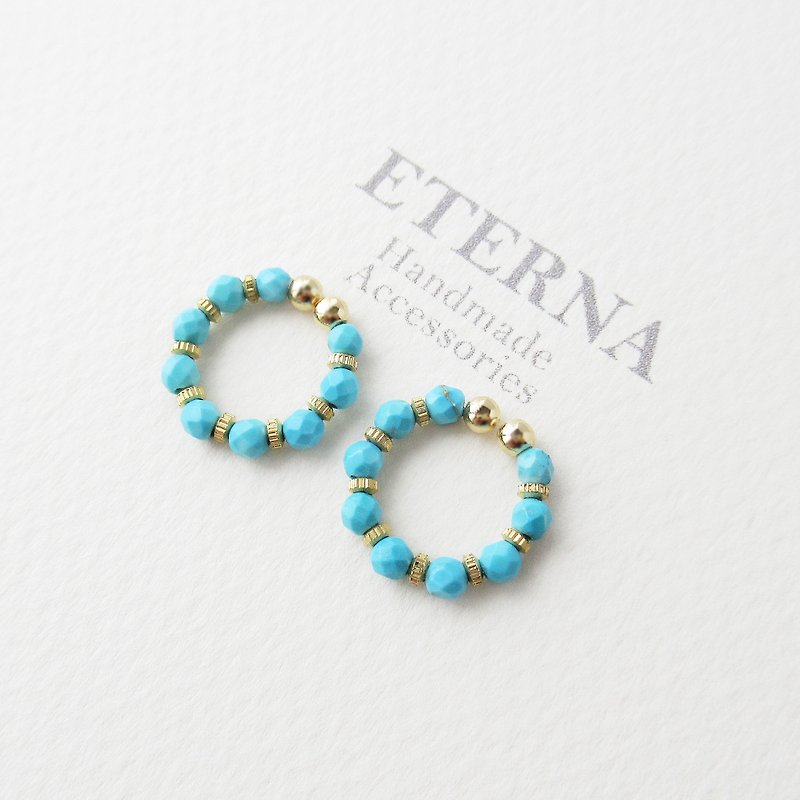 Magnesite turquoise and metal beads, tiny hoop earrings, 夾式耳環 - ต่างหู - หิน สีน้ำเงิน