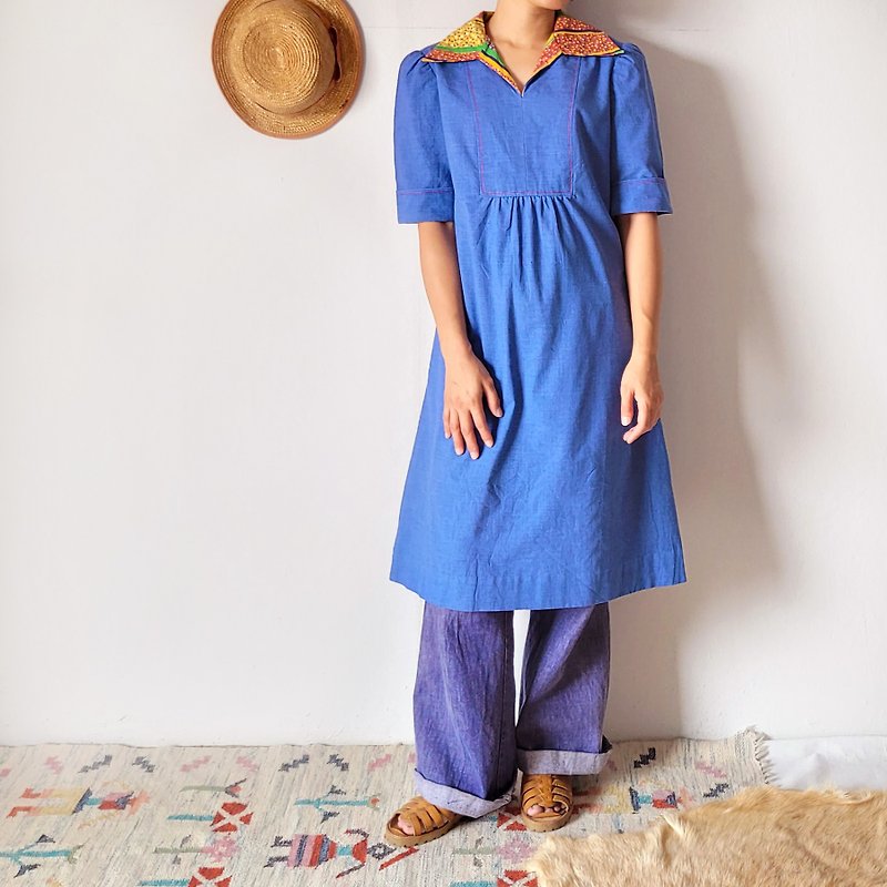 BajuTua /古著/ 70's 彩色碎花大尖領洋裝 - 連身裙 - 棉．麻 藍色