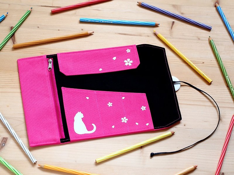 櫻花貓捲筆袋(桃紅) - 鉛筆盒/筆袋 - 棉．麻 粉紅色