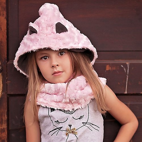 HUGHUG 義大利Mondo Rotondo脖圍+連帽設計 粉紅小貓咪暖暖帽圍 2-5歲