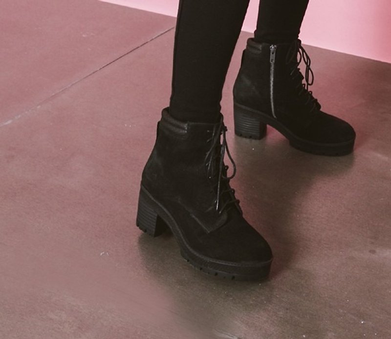 Personality straps thick bottom with leather boots black - รองเท้าบูทยาวผู้หญิง - หนังแท้ สีดำ