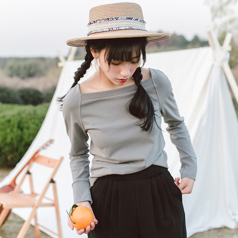 Annie Chen 2018 spring and summer new women's shirt collar knitted T-shirt - Women's T-Shirts - Cotton & Hemp Gray