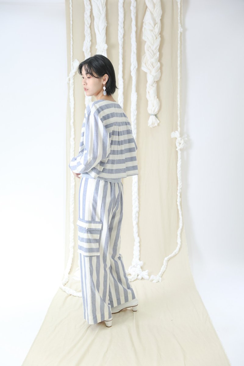 striped pressed pocket pants - กางเกงขายาว - ผ้าฝ้าย/ผ้าลินิน สีน้ำเงิน