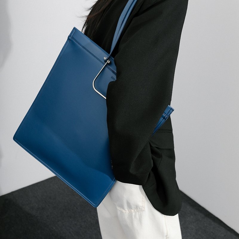 青玉藍  2色 代號47 酷感金屬手提托特包 單肩大容量方形托特包 - 手提包/手提袋 - 人造皮革 藍色