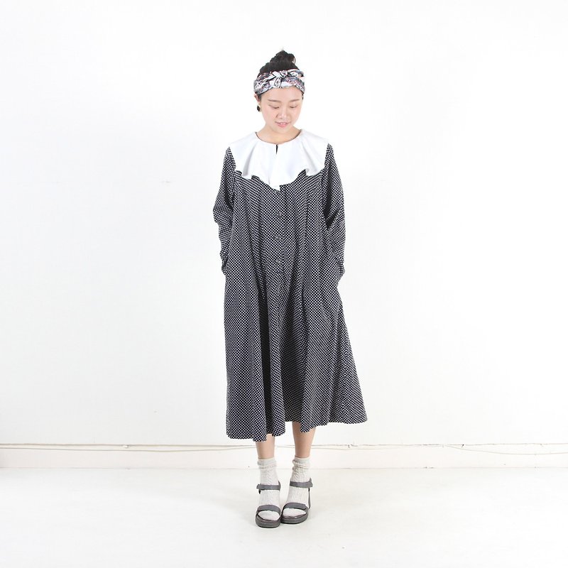 [Egg Plant Vintage] Snow collar print umbrella-shaped cotton vintage dress - One Piece Dresses - Cotton & Hemp Black