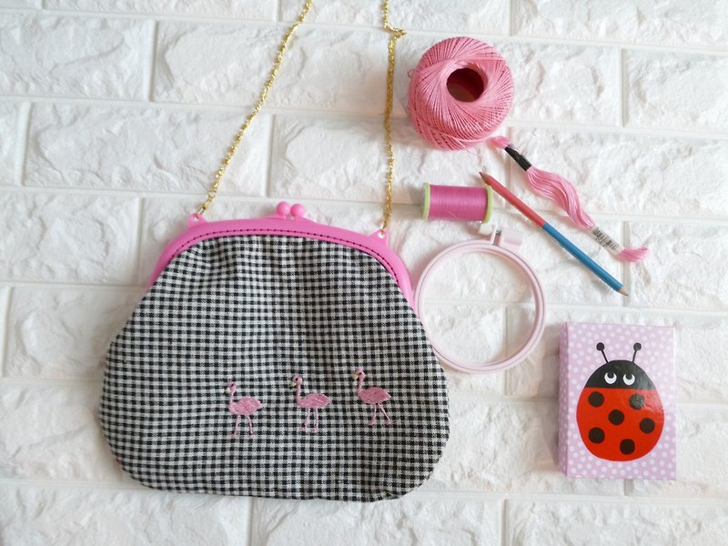 Embroidery 2way Gingham Check Flamingo - Messenger Bags & Sling Bags - Cotton & Hemp Pink