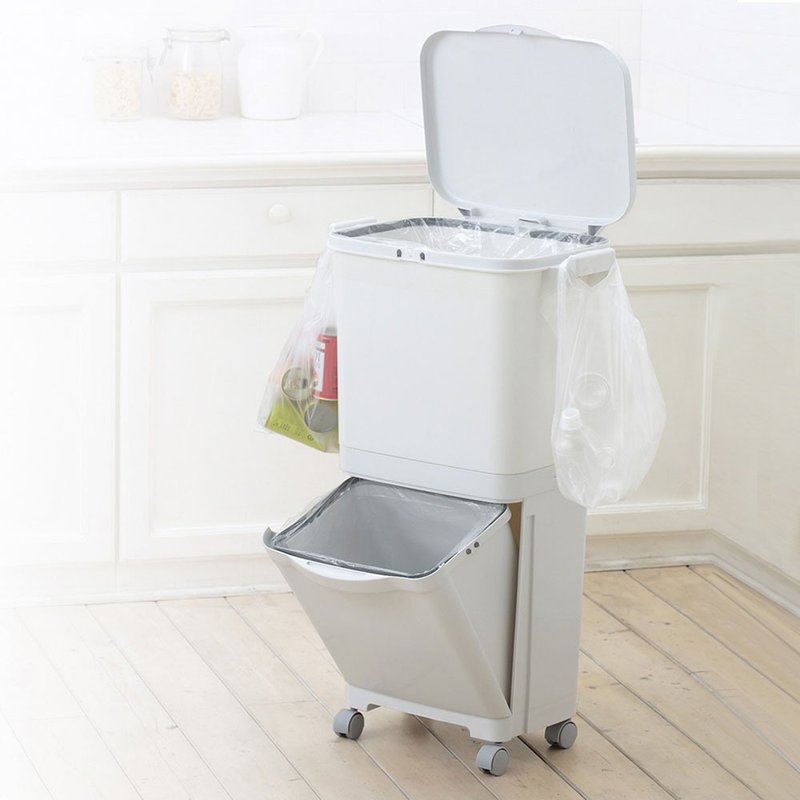 Japan RISU Japanese-made double-layer mobile sorting trash can (upper single compartment)-45L - ถังขยะ - พลาสติก ขาว