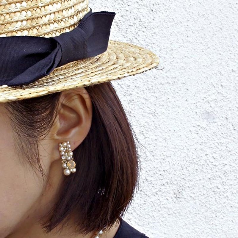 16kgp citrine and vintage glass pearl of Rectangle Bijou earrings * Mimi夾 [ii-508] - Earrings & Clip-ons - Gemstone Yellow