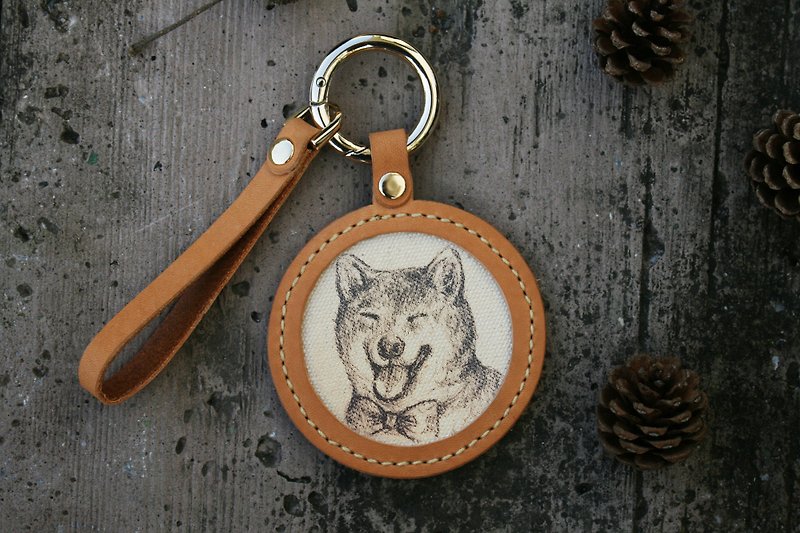 手工真皮-寵物素描鑰匙圈-柴犬/可刻印英文名 - 鑰匙圈/鑰匙包 - 真皮 咖啡色