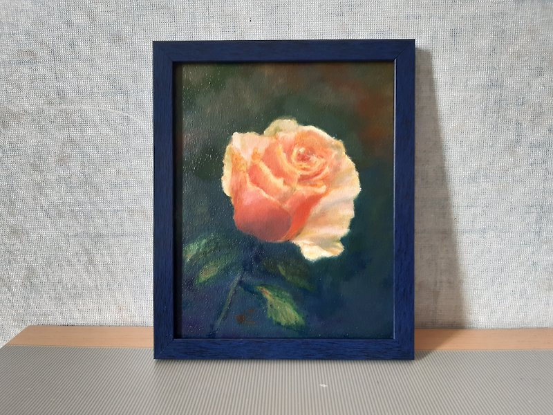 バラの花、フレーム、油絵 - ウォールデコ・壁紙 - 木製 オレンジ