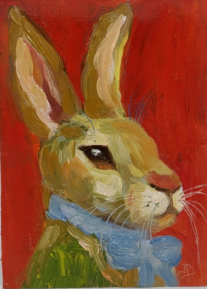 Rabbit 兔子 Painting Original Art Impasto Oil Painting - 海報/掛畫/掛布 - 其他材質 紅色