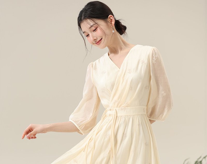 New Chinese retro Chinese style fresh Hanfu temperament dress - ชุดเดรส - ผ้าฝ้าย/ผ้าลินิน ขาว