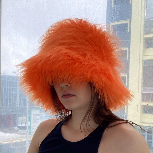 ALLApparelArt Bright orange hat. Faux fur bucket hat. Festival fuzzy neon hat. Rave shaggy hat