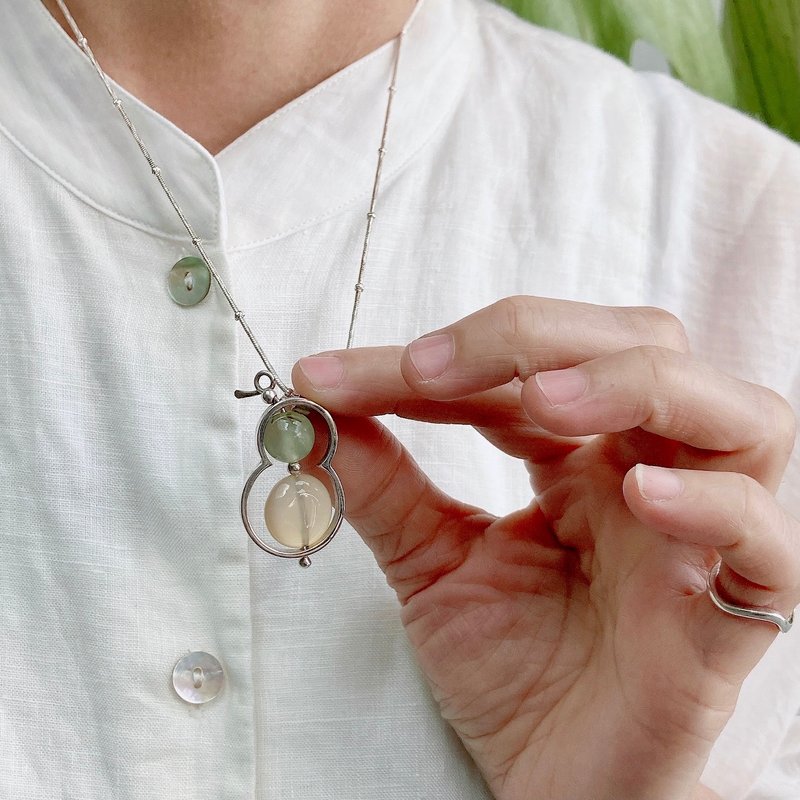 Sterling silver handmade gourd pendant necklace~blessing/small round Stone and large oblate agate, happiness - Necklaces - Sterling Silver 