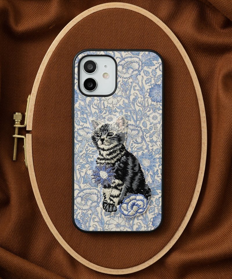 3D Embroidered Smartphone Case iPhone11 PU Leather William Morris Cat Animal 08:NAG1361 - Phone Cases - Plastic Multicolor