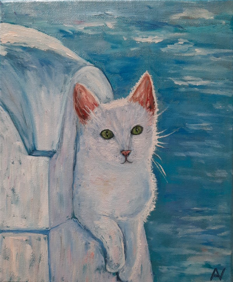 Santorini white cat oil painting, blue Greece artwork, animal handmade wall art - ตกแต่งผนัง - วัสดุอีโค หลากหลายสี