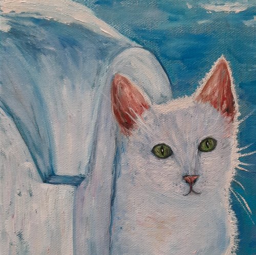 White cat Original Oil Painting 9.84х10.63 fine art by SElenaV offers