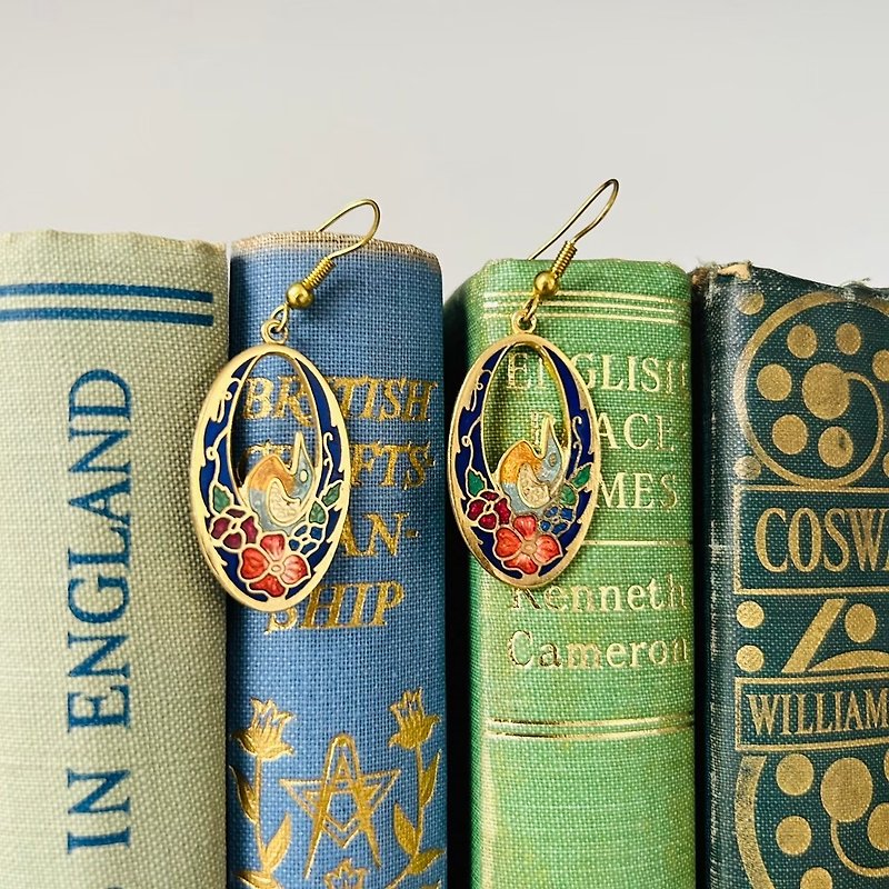 Antique cloisonné Bronze body enamel craft blue background colorful flower and bird ring hollow gold edge ear hooks - Earrings & Clip-ons - Enamel 