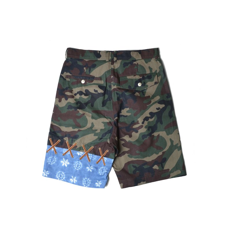 oqLiq - Root - Drawstring Shorts (Camouflage x Blue Dye) - Men's Pants - Cotton & Hemp Green