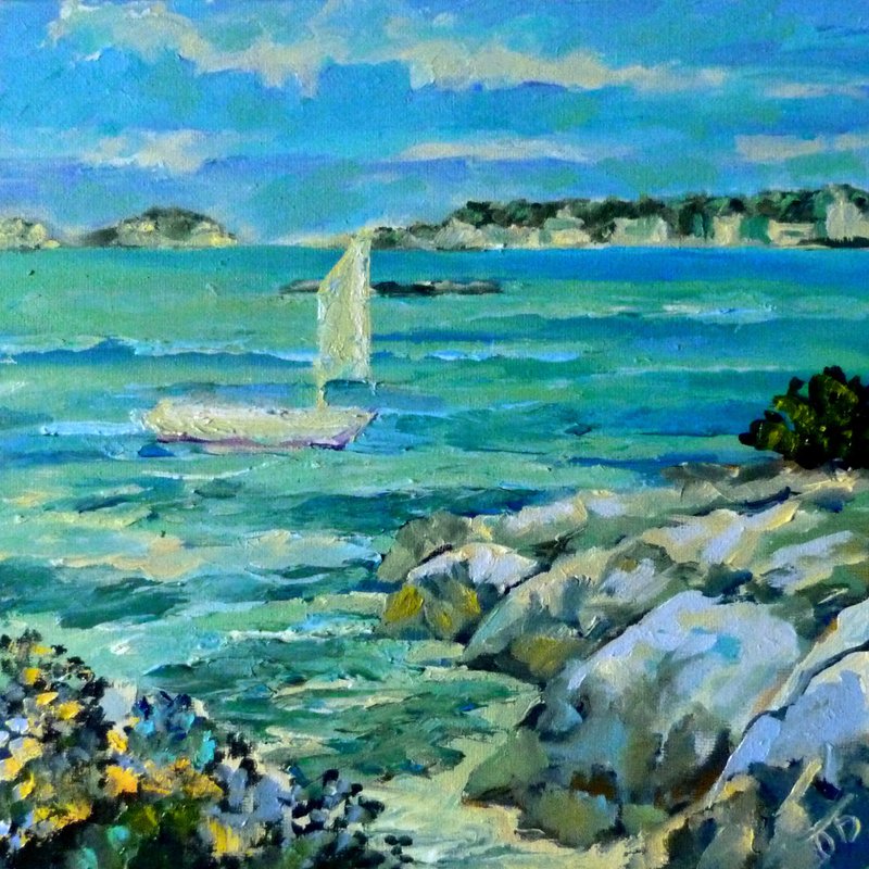 Seascape oil painting on canvas - original sea art - coastal sea painting - โปสเตอร์ - ผ้าฝ้าย/ผ้าลินิน สีน้ำเงิน