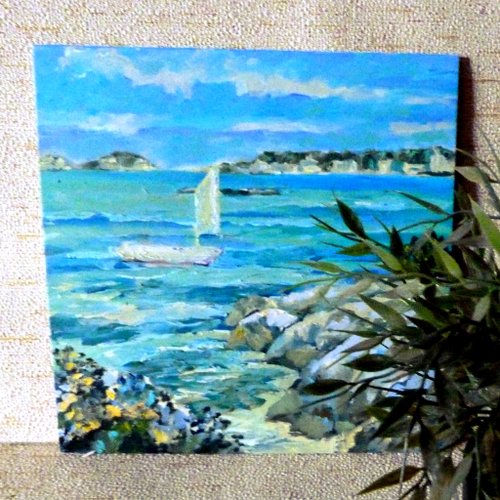 油絵「海岸の風景」F8号大きめキャンバス 絵画 原画 夏 風景画