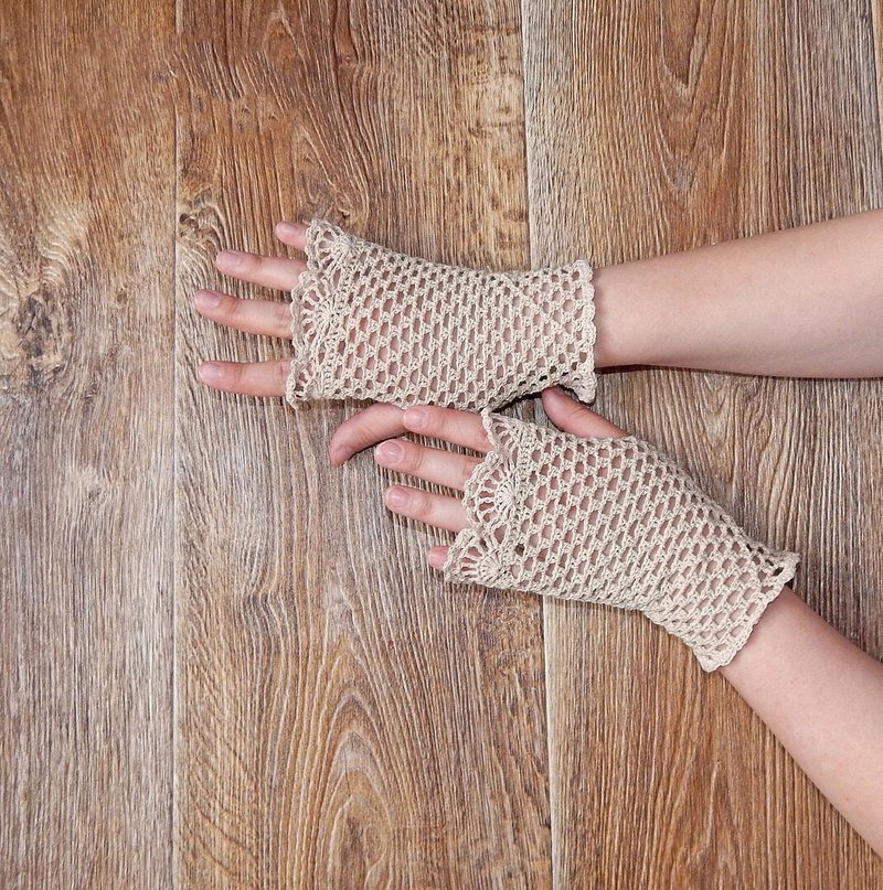 Wedding gloves Crochet Cotton Cottagecore fingerless gloves Victorian Lace glove - ถุงมือ - ผ้าฝ้าย/ผ้าลินิน สีกากี