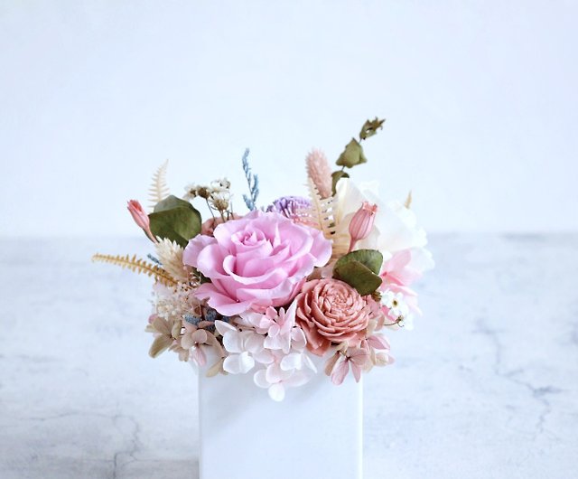 Large Preserved Roses, Dried Flowers Arrangement – Pink Tones & Purple –  LeLe Floral