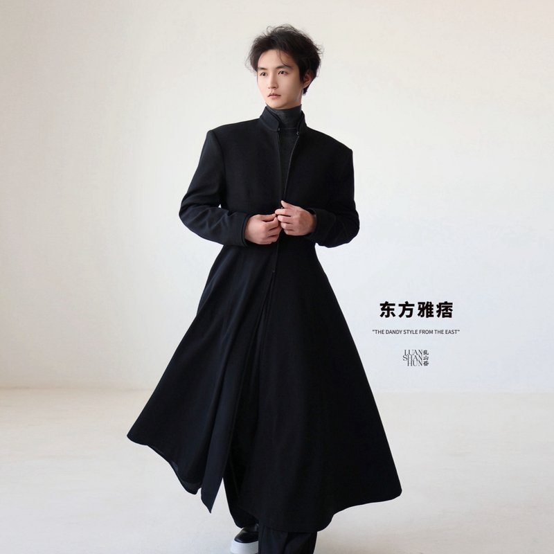 Luanshanhun Oriental elegant new Chinese style original creation collar front slit waist long coat jacket autumn and winter - เสื้อโค้ทผู้ชาย - วัสดุอื่นๆ สีดำ