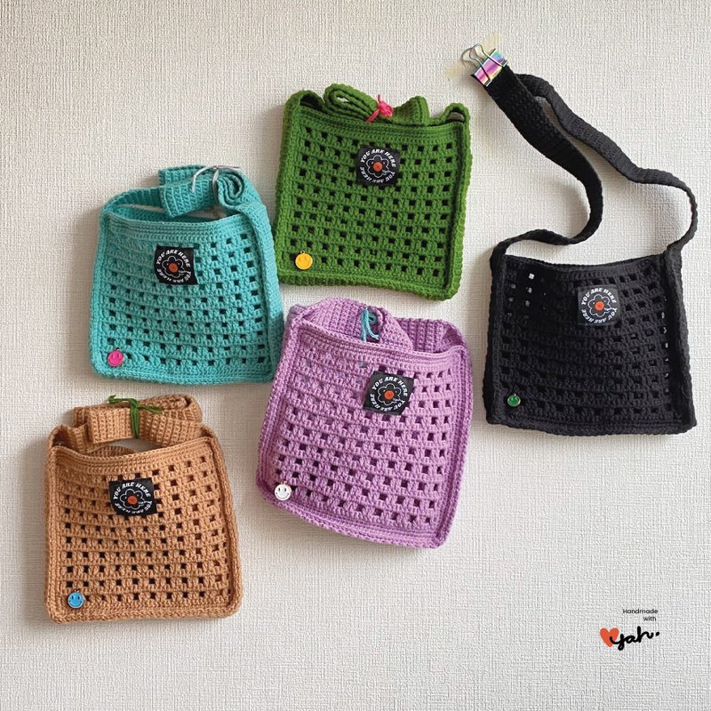 手工編織簍空側孭袋 (棕色) - 側背包/斜背包 - 聚酯纖維 咖啡色