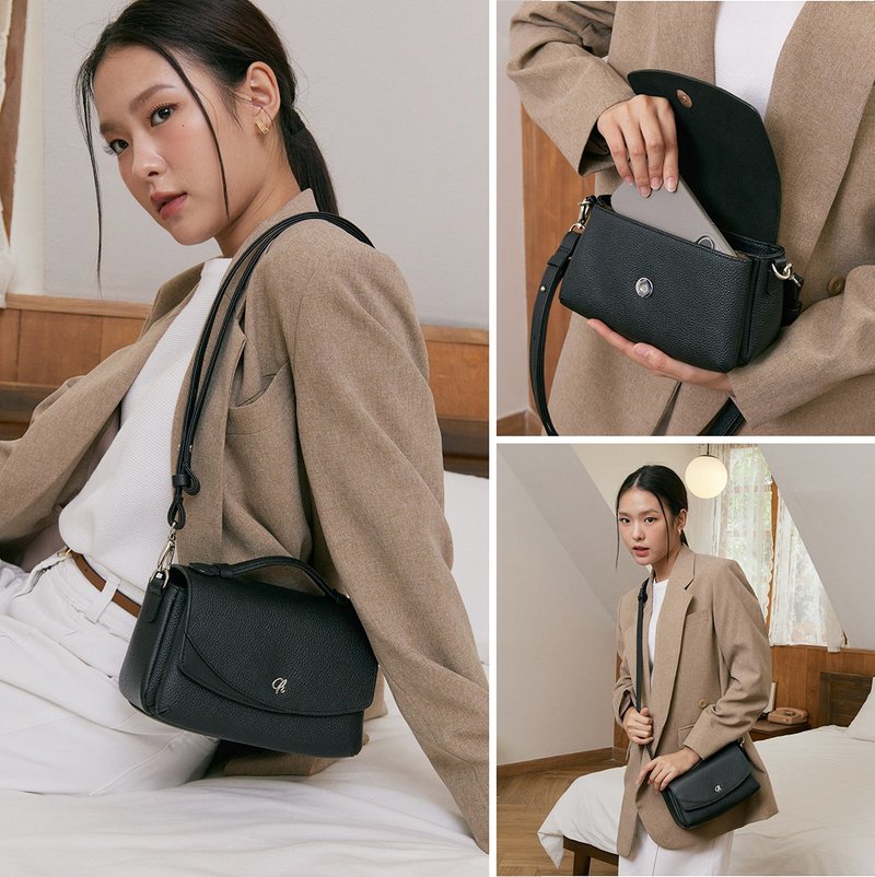 Megan (Black):  Crossbody bag, Cow leather, Light weight, Mini bag, Handbag - 手提包/手提袋 - 真皮 黑色