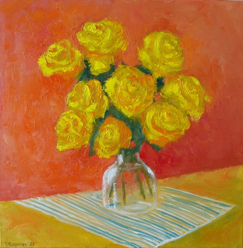 Roses Flowers Original Art Oil Painting Wall Decor Golden Roses - โปสเตอร์ - วัสดุอื่นๆ หลากหลายสี