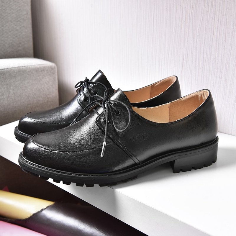 Black genuine leather lace-up wide-last thick-soled loafers - รองเท้าอ็อกฟอร์ดผู้หญิง - หนังแท้ สีดำ