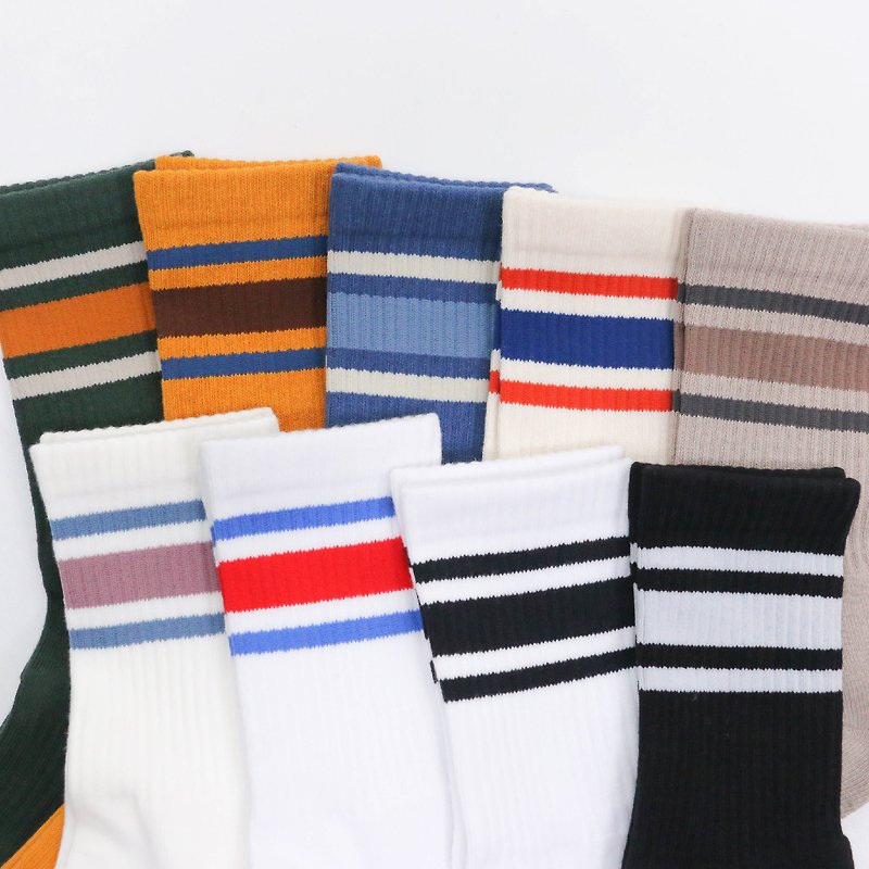 Vintage Striped Towel Air Cushion Mid Socks | Men's and Women's Sizes - ถุงเท้าข้อกลาง - ผ้าฝ้าย/ผ้าลินิน หลากหลายสี