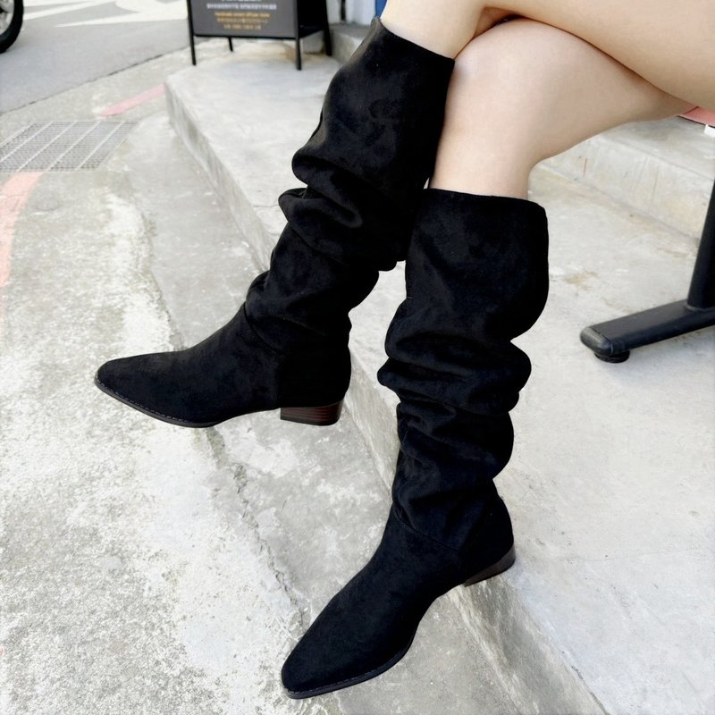 【I called Love】European and American pointed velvet knee boots - รองเท้าบูทยาวผู้หญิง - หนังเทียม สีดำ