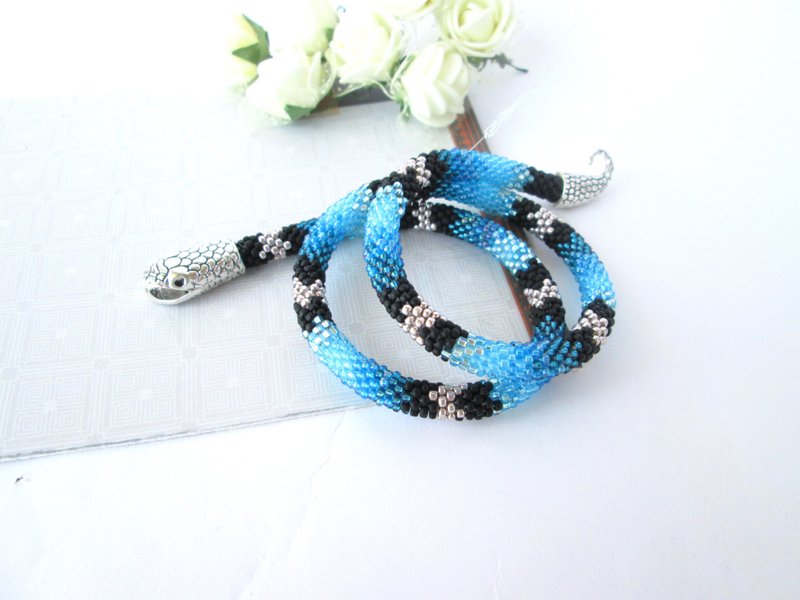 Snake bracelet Aspid Ouroboros jewelry Serpent rope Beaded blue choker necklace - 手鍊/手環 - 其他材質 藍色
