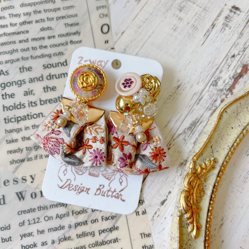 wow Handmade-浪漫薔薇 刺繡緞帶 2way鈕扣耳環 - 耳環/耳夾/耳骨夾 - 其他材質 