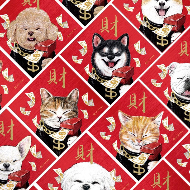 【多款可選】財!潮酷狗狗貓咪春聯1入/紅包春聯/揮春/方斗 - 紅包袋/春聯 - 紙 紅色