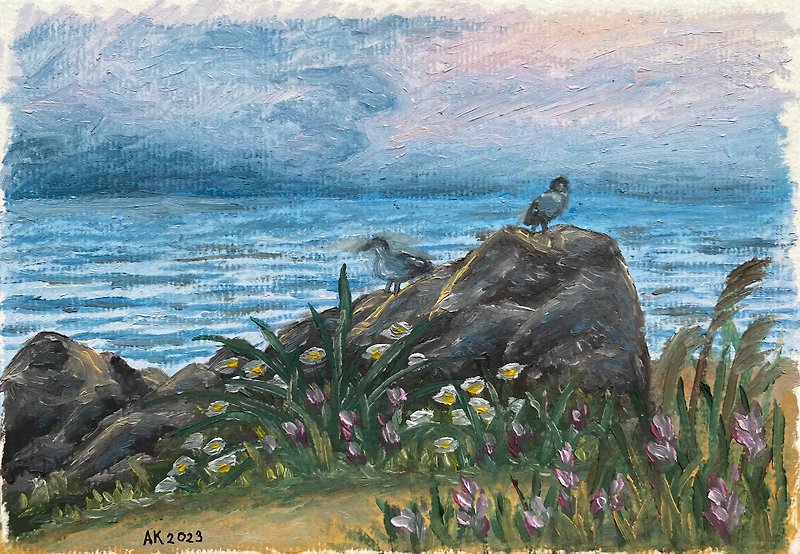 After the Rain oil painting, sea illustration, seagull on beach, nature - Wall Décor - Other Materials Blue