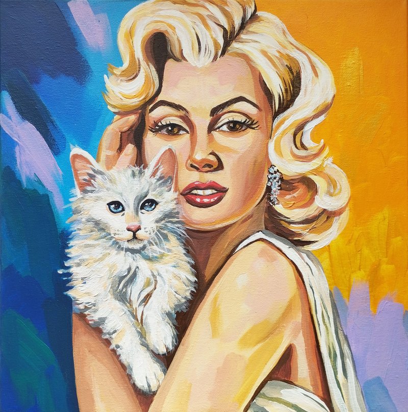 Marilyn Monroe painting acrylic on canvas original pop art portrait of a woman - 壁貼/牆壁裝飾 - 其他材質 橘色