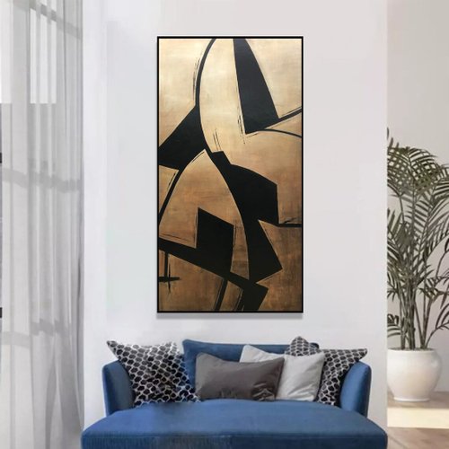 オリジナルの黒とベージュのアクリル絵画抽象フィギュア壁アート現代