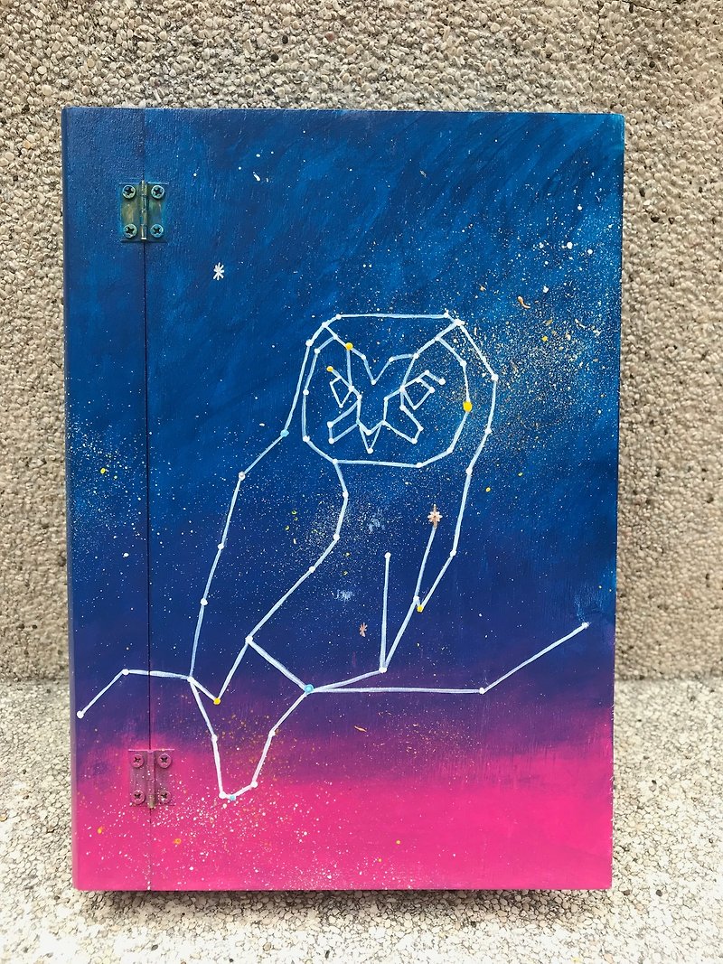 Step by Step Illustration Hand Drawn Book Box - Constellation Owl - Storage - Wood Blue