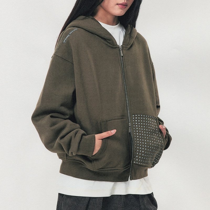 波點印花雙開拉鏈重磅加絨連帽衛衣 短寬廓形落肩外套 - 帽T/大學T - 其他材質 綠色